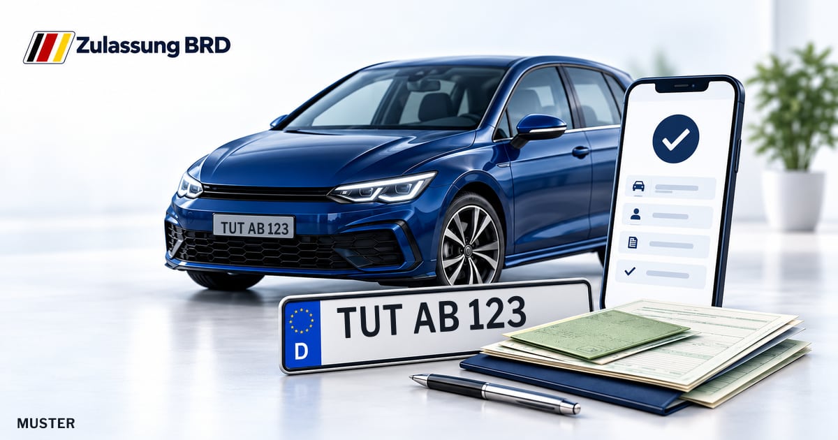 Online Fahrzeugzulassung in Spaichingen: Musterkennzeichen TUT AB 123, Auto und Fahrzeugpapiere und Smartphone. Illustration mit Logo von Zulassung BRD.